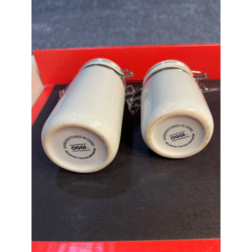 Oggi White Ceramic Canister Set of 2 Airtight Locking Metal Bail Jars Minimalist